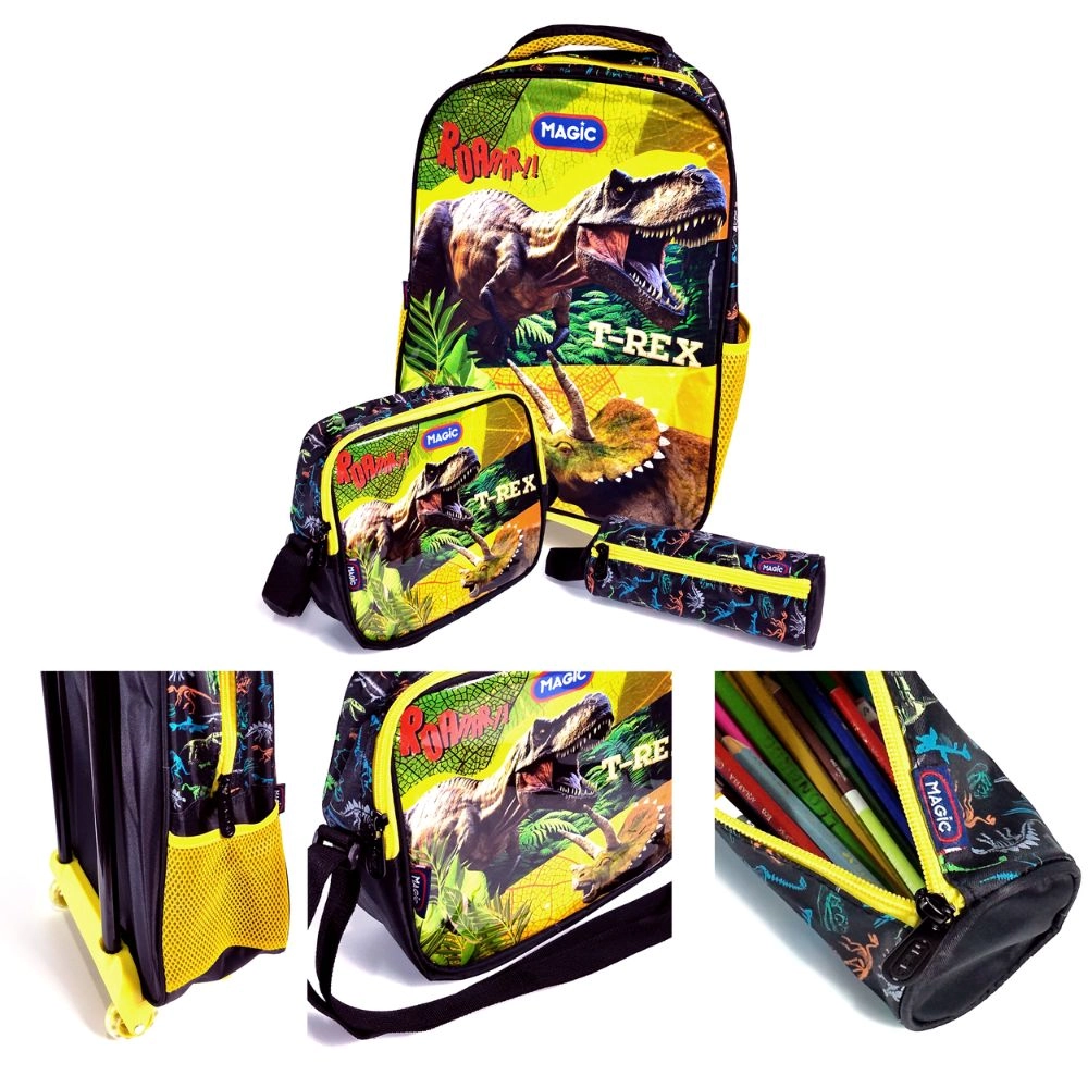 Mochila De Rodinhas C/estojo E Lancheira Dinossauro T Rex