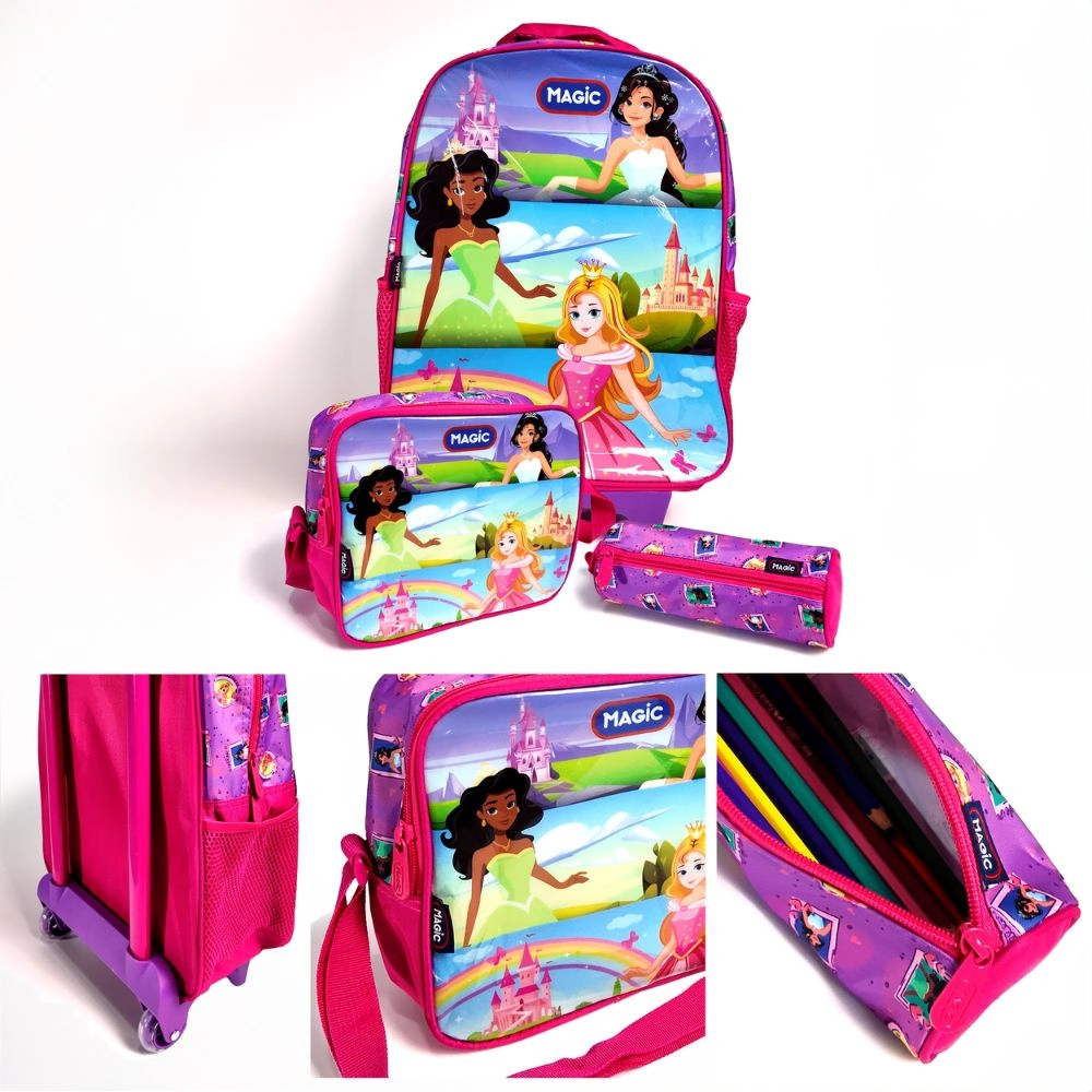 Mochila De Rodinhas C/estojo E Lancheira Princesas E Seus Castelos
