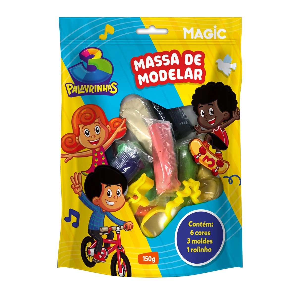 Kit Magic Kids 6 Massinhas 3 Moldes 1 Rolinho 3 Palavrinhas 150g
