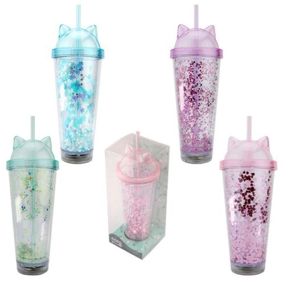 Copo 450ml Gato Glitter Led Plastico 5,7cm X 22,5cm Ref F5268 Flashgoods
