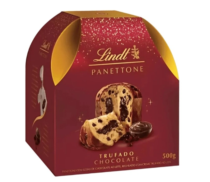 Panettone Com Gotas De Chocolate Ao Leite Recheio Trufado Chocolate Lindt Caixa 500g