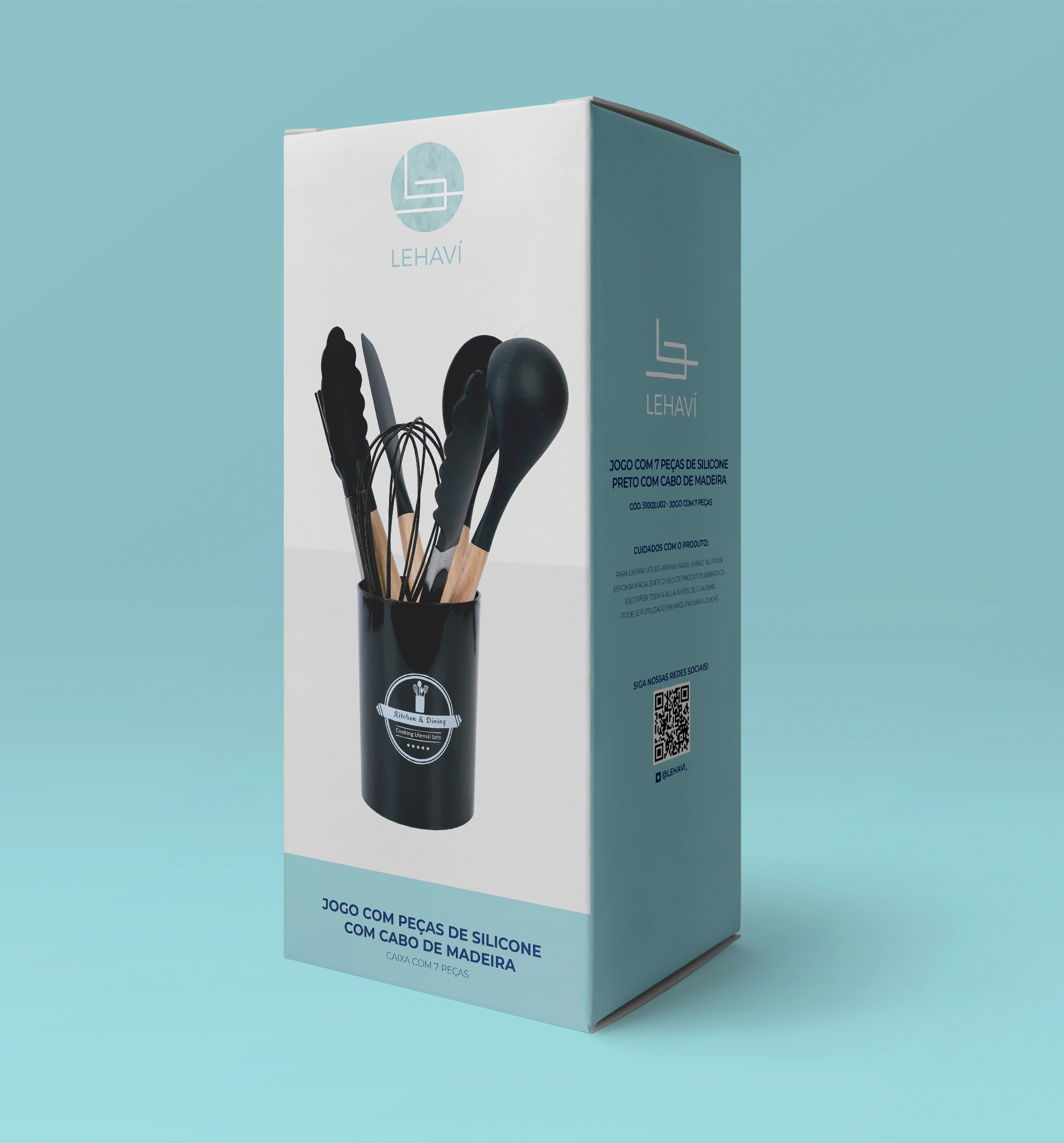 Kit Utensilio Silicone Cabo Madeira 7 Pcs Preto S1003.u02 Lehavi