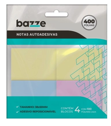 Notas Autoadesivas 38mmx50mm C/4 Blocos 100 Folhas Bazze