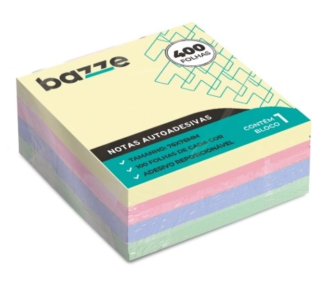 Notas Autoadesivas 76mmx76mm C/1 Bloco 400 Folhas Bazze