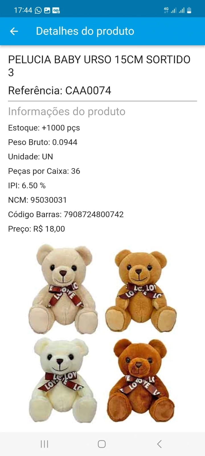 Pelucia Baby Urso 15cm Sort Ref.caa0074