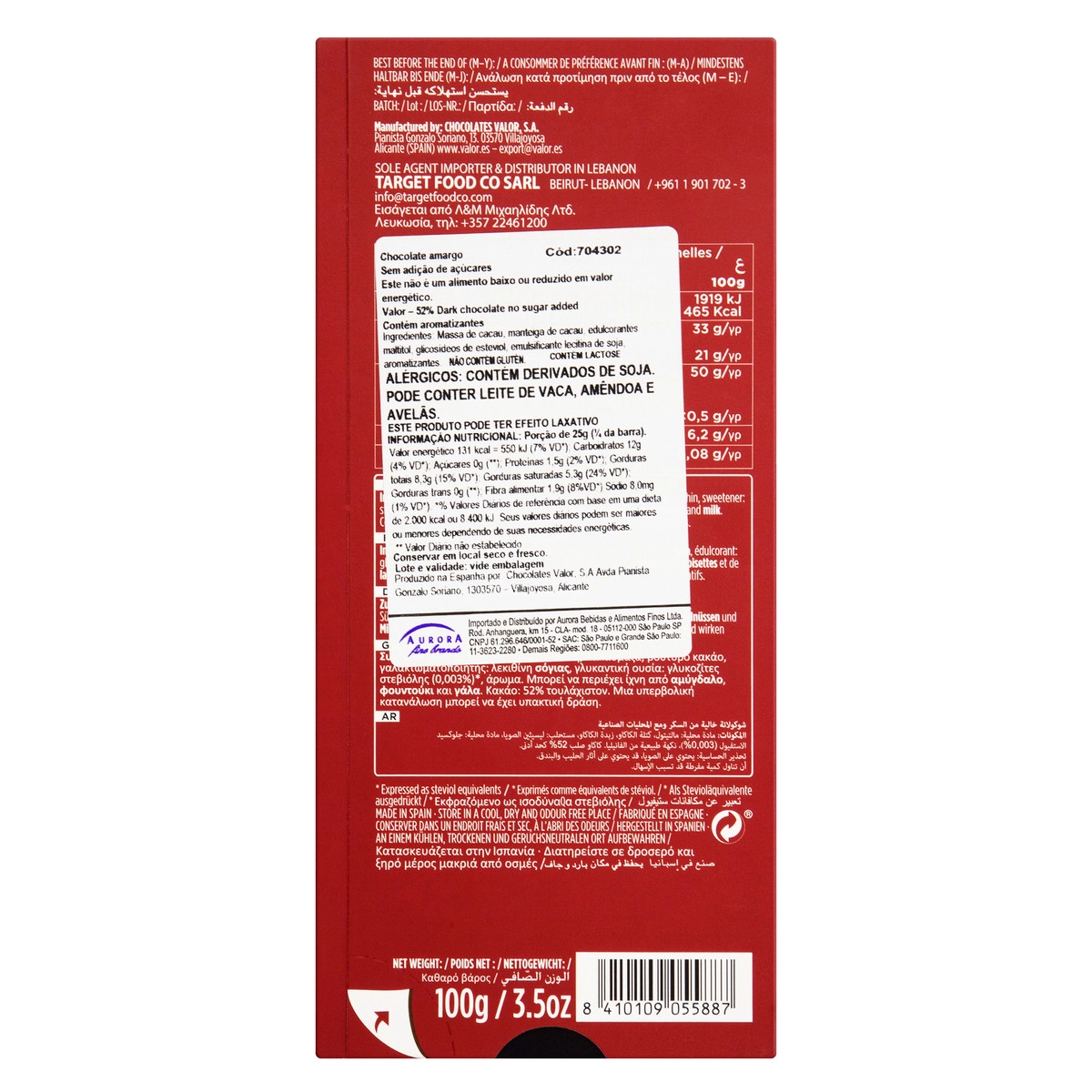 Chocolate Amargo Valor Caixa 100g