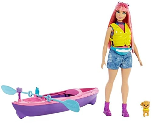Barbie It Takes Two Camping Playset With Daisy Doll Curvy With Pink Hair, 11.5 In , Pet Puppy, Kayak