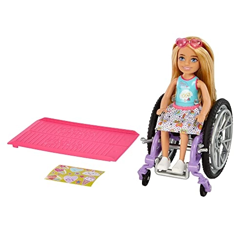 Barbie Chelsea Doll Wheelchair, With Chelsea Doll Blonde , In Skirt Sunglasses, With Ramp Sticker Sh