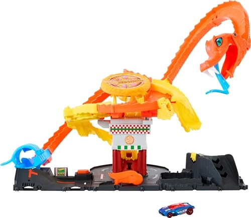 Hot Wheels City Toy Car Track Set, Pizza Slam Cobra Attack, Snake Tail Spiral Track With Randomizer,