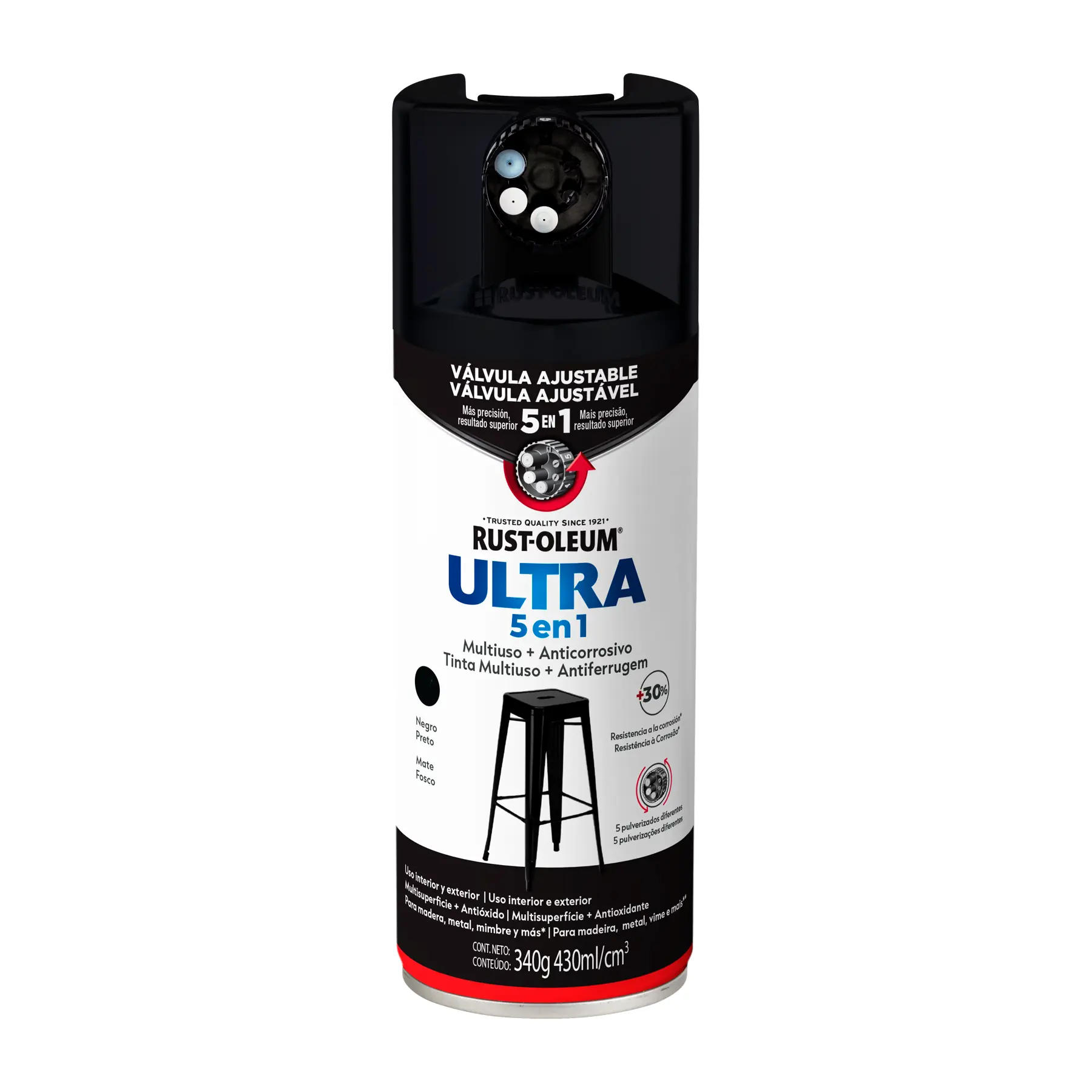 Tinta Spray Superfícies de Metal e Madeira Ultra 5 em 1 Preto Fosco 340g Rust-Oleum