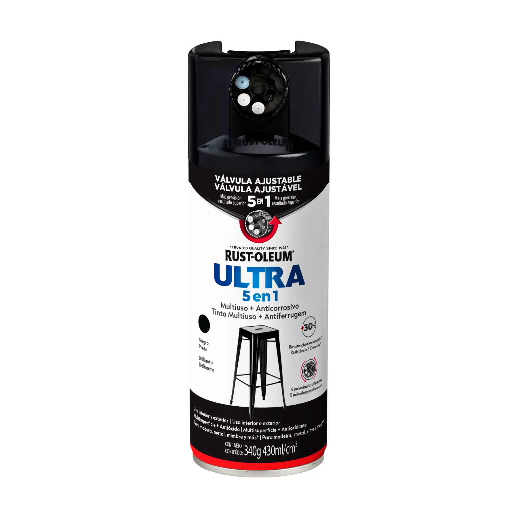 Tinta Spray Superfícies de Metal e Madeira Ultra 5 em 1 Preto Brilhante 340g Rust-Oleum