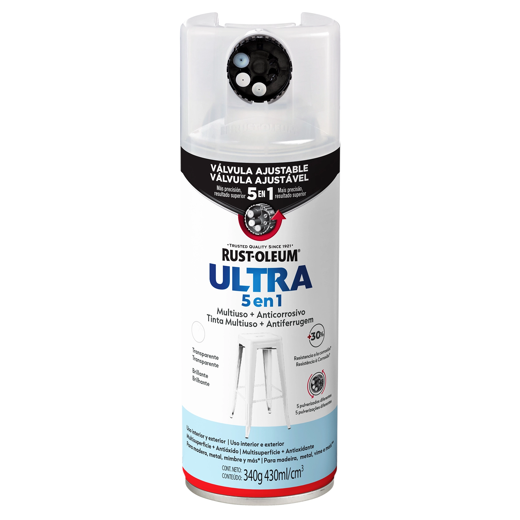 Tinta Spray Superfícies de Metal e Madeira Ultra 5 em 1 Transparente Brilhante 340g Rust-Oleum