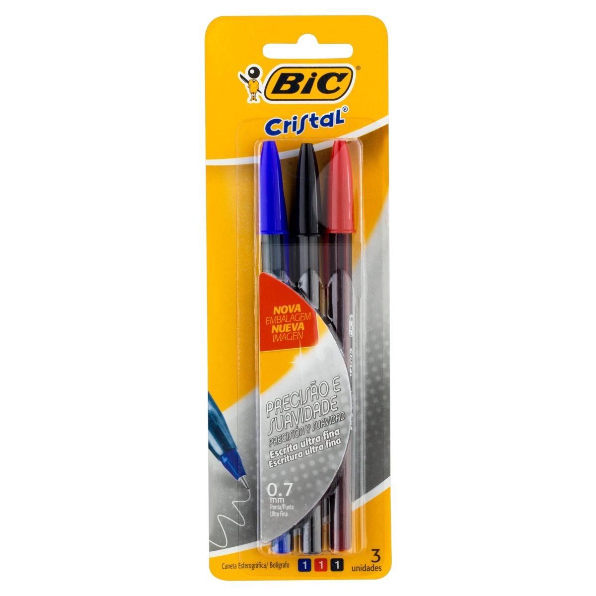 Caneta Esferográfica 0,7mm Ponta Ultrafina Bic Cristal 3 Unidades