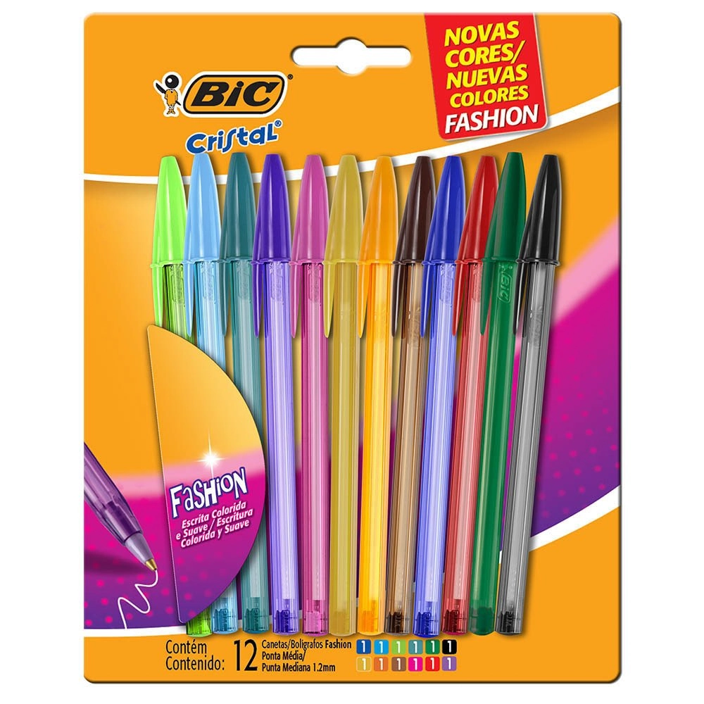 Kit Canetas Cristal Fashion 12 Cores Bic