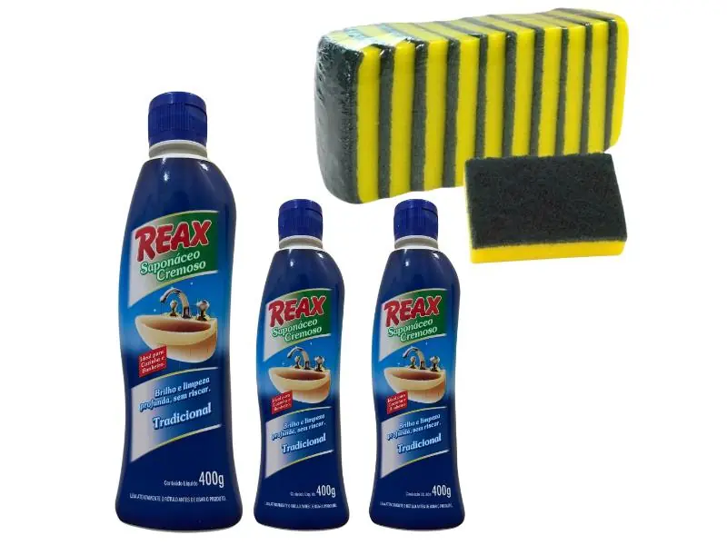 03 Un Saponaceo Reax 400g + 10 Esponja Dupla Face Bettanin