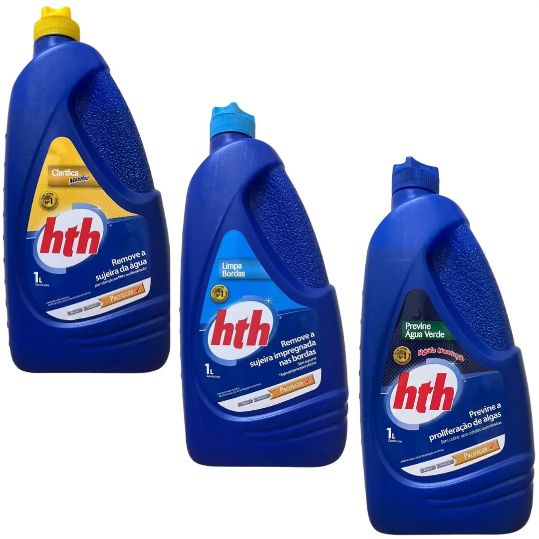 Kit 01 Hth Clarificante Maxfloc 1l + 01 Algicida Manutenção 1l + 01 Limpa Bordas 1l