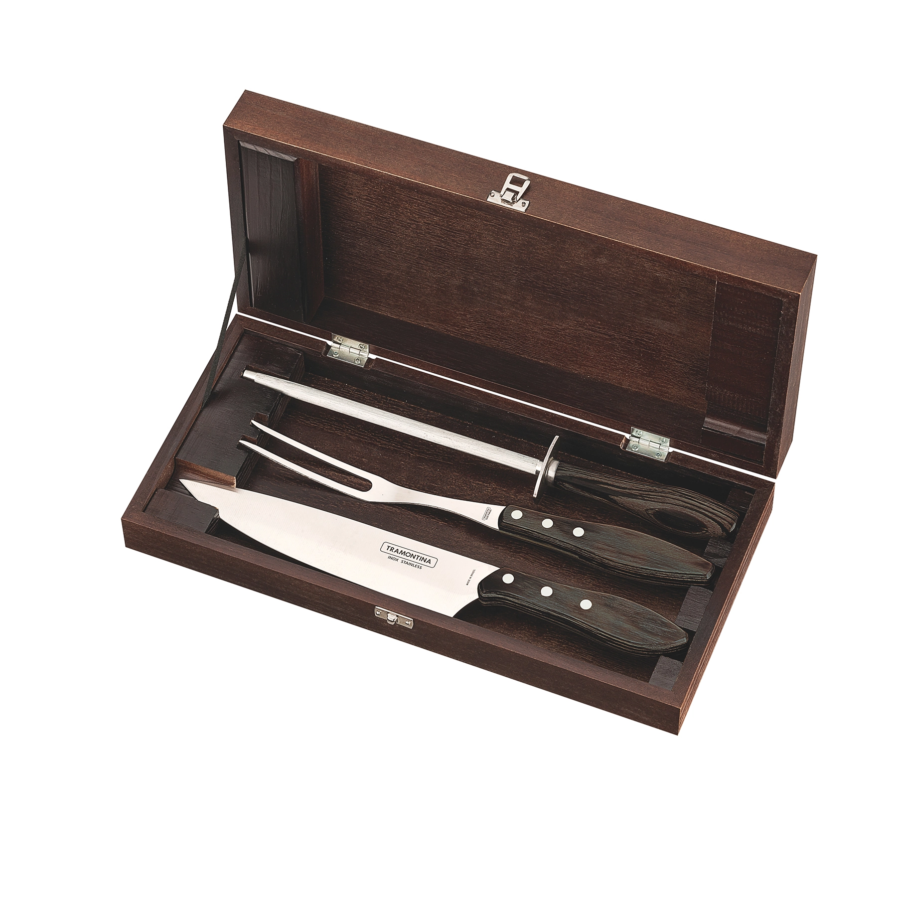 Conjunto de Utensílios para Churrasco em Aço Inox com 4 Peças e Caixa de Madeira Polywood Tramontina
