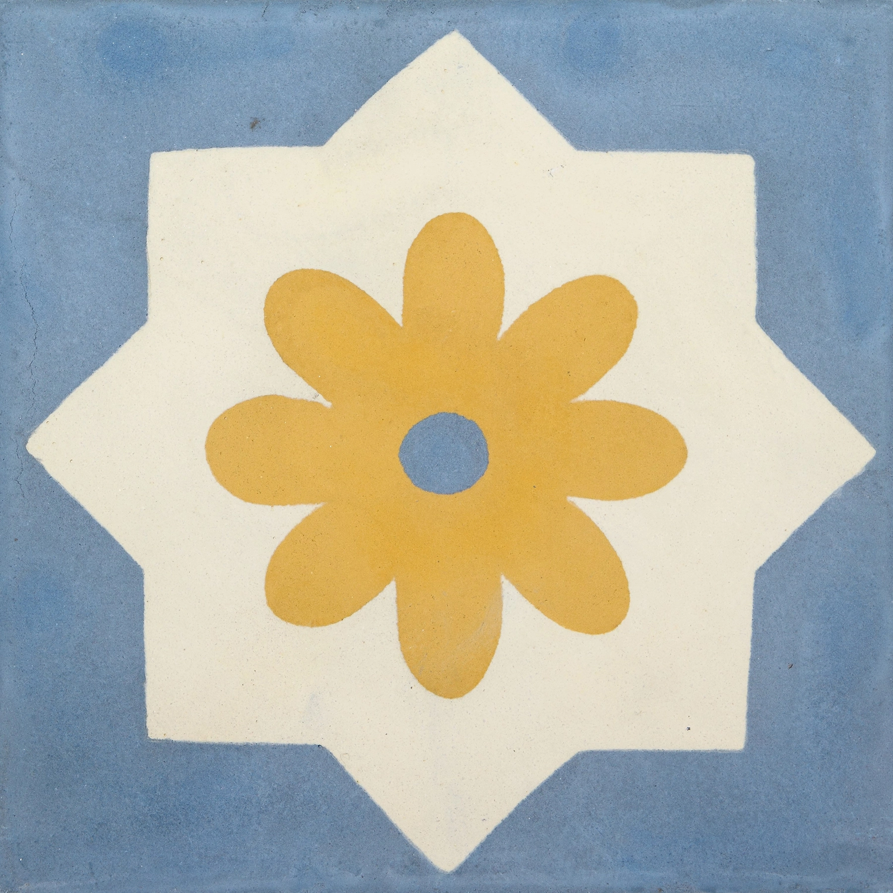 Ladrilho Hidráulico Quadrado Margarida Azul e Amarelo 20x20cm Oficina Yby