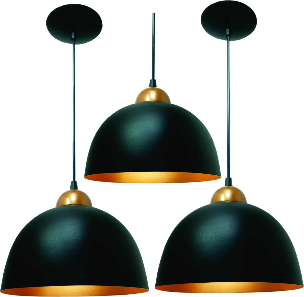 Kit 3 Luminárias Pendente Meia Esfera 24 Cm Balcão Preto C/ Cobre