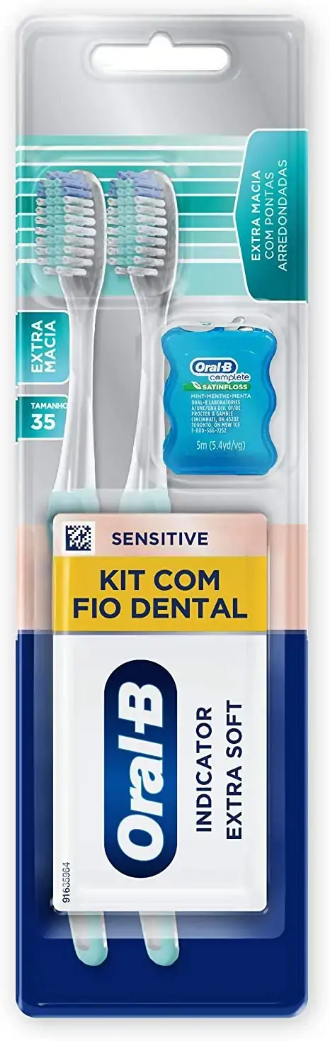 Kit 2 Escovas Dentais Extramacias Sensitive Pro Saúde 1 Fio Dental Complete Satin Floss Oral B
