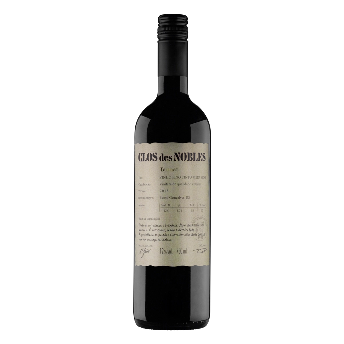 Vinho Brasileiro Tinto Meio Seco Clos Des Nobles Tannat Serra Gaúcha Garrafa 750ml