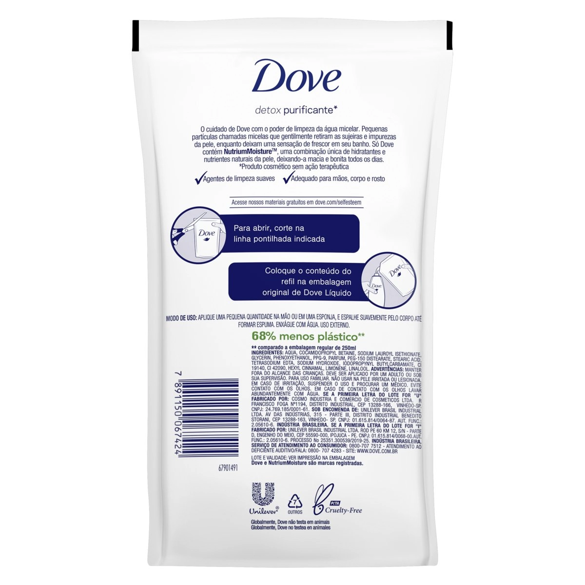 Sabonete Líquido água Micelar Dove Detox Purificante Sachê 200ml Refil