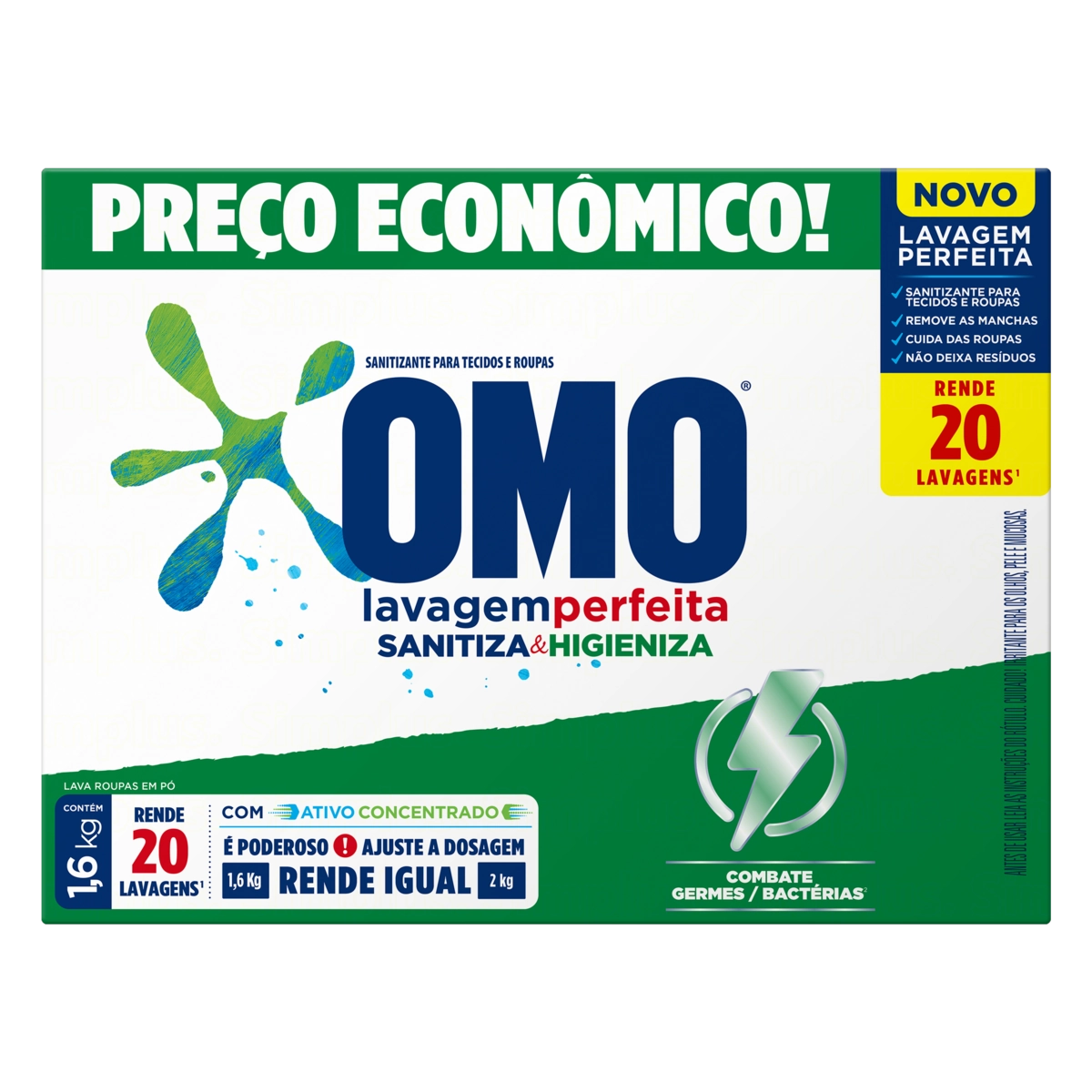 Lava Roupas Pó Omo Lavagem Perfeita Sanitiza Higieniza Caixa 1,6kg