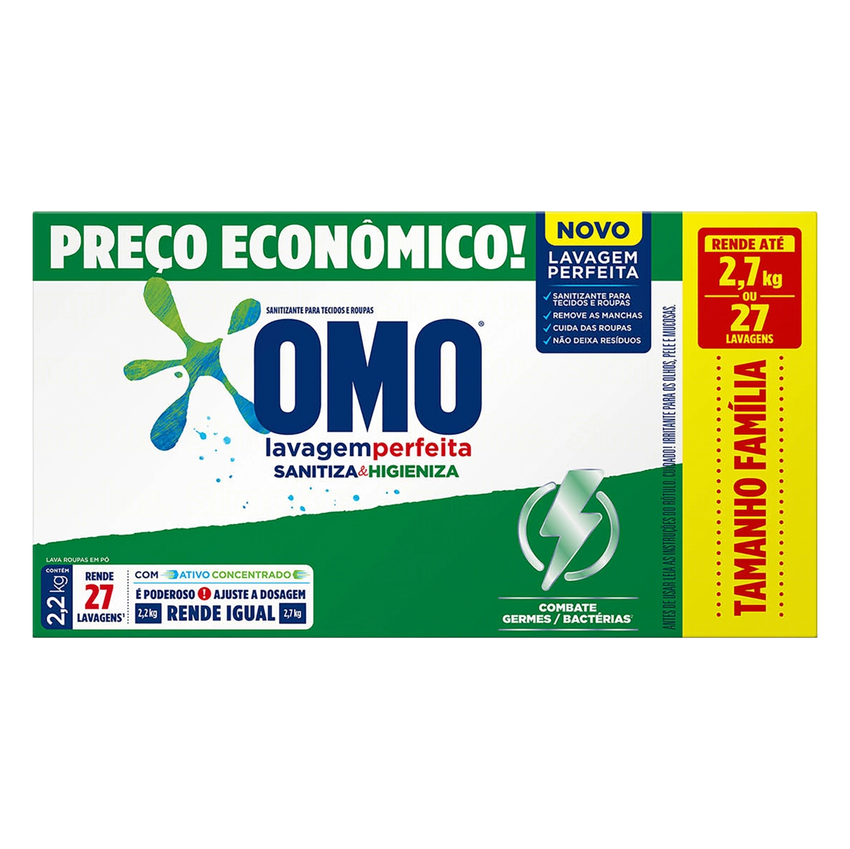 Lava Roupas Pó Omo Lavagem Perfeita Sanitiza Higieniza Caixa 2,2kg Tamanho Família