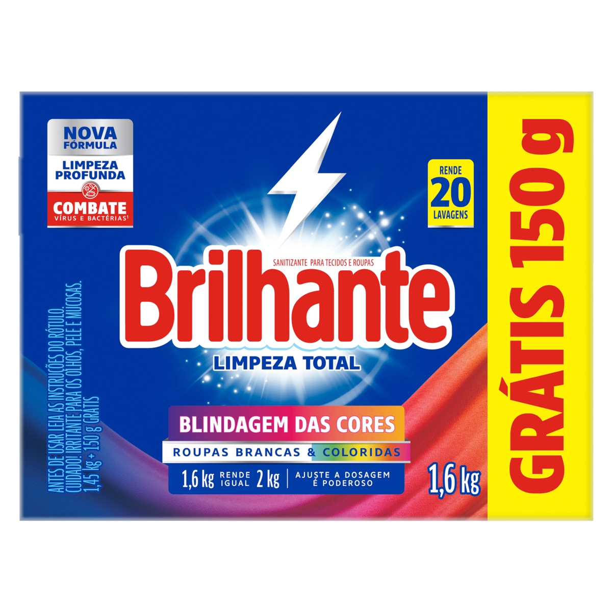 Lava Roupas Pó Roupas Brancas E Coloridas Brilhante Limpeza Total Caixa 1,6kg Grátis 150g