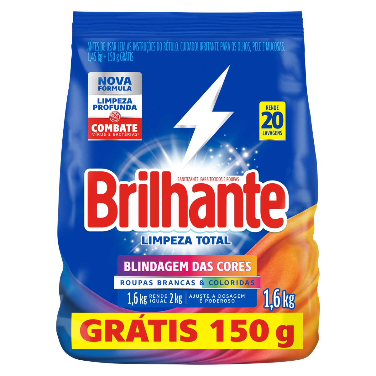 Lava Roupas Pó Roupas Brancas E Coloridas Brilhante Limpeza Total Pacote 1,6kg Grátis 150g