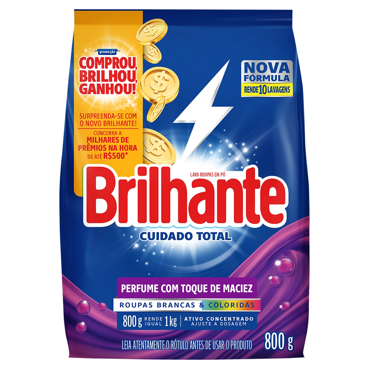 Lava Roupas Pó Roupas Brancas E Coloridas Brilhante Cuidado Total Pacote 800g