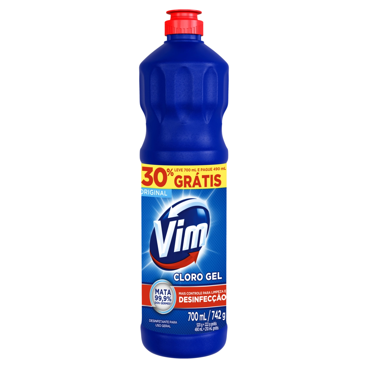 Desinfetante Uso Geral Cloro Gel Original Vim Frasco Leve 700ml Pague 490ml