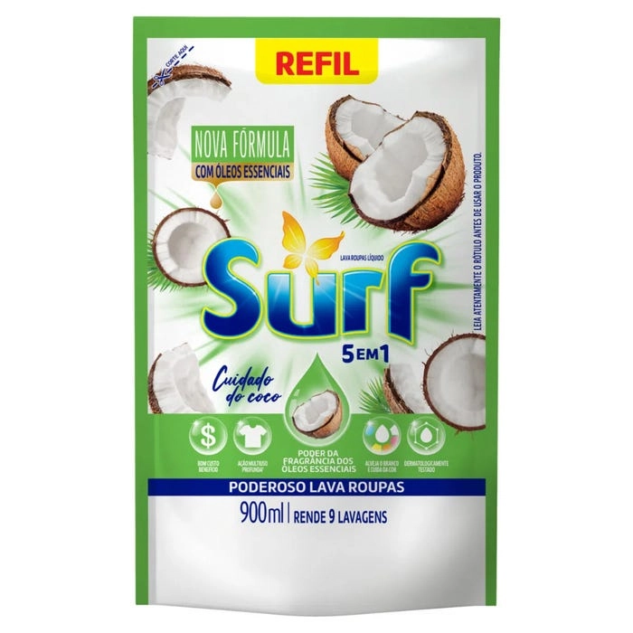 Lava Roupas Líquido Cuidado Do Coco Surf Sachê 900ml Refil