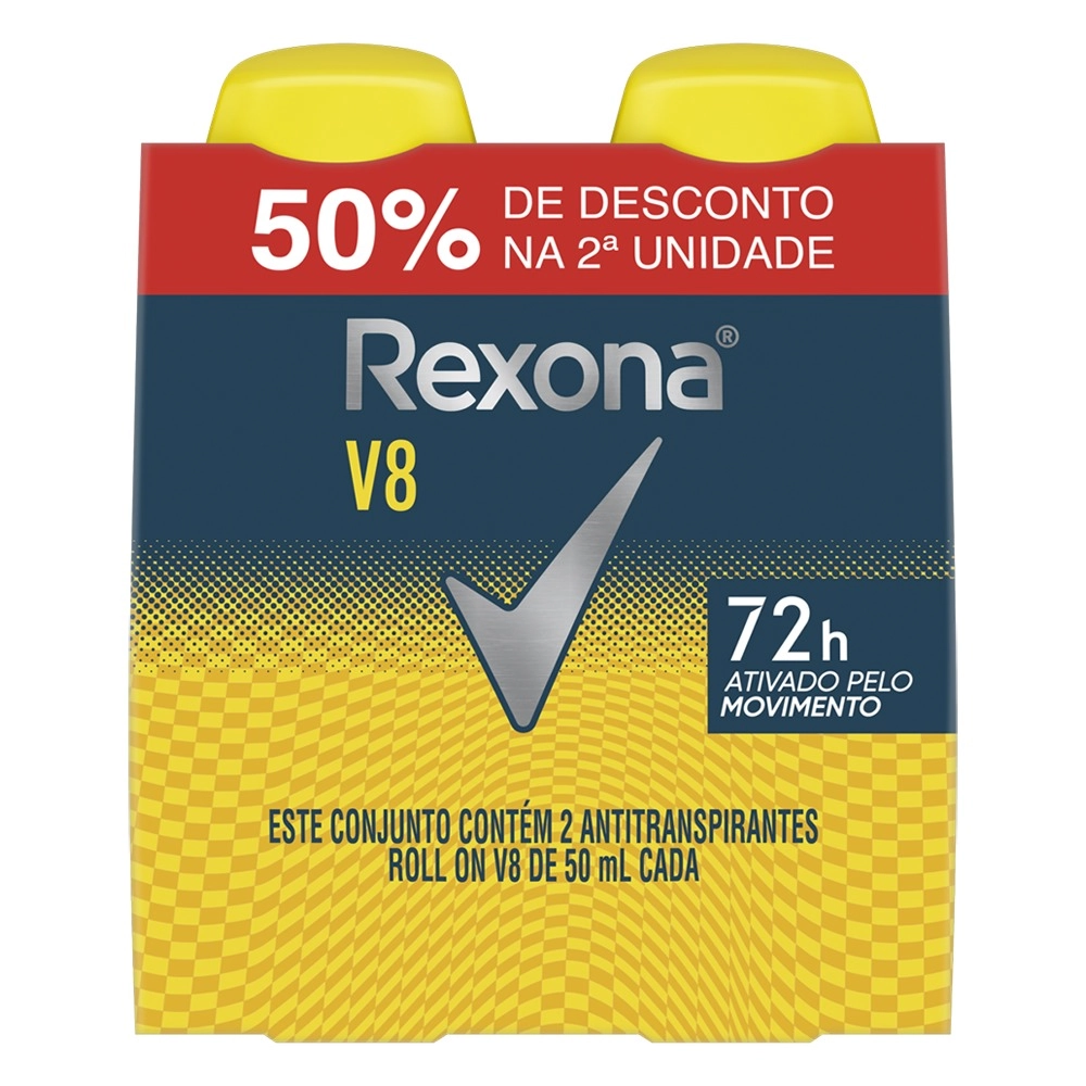 Pack Antitranspirante Roll On 72h Rexona Men V8 Dry 2 Unidades De 50ml Cada Grátis 50 De Desconto Na