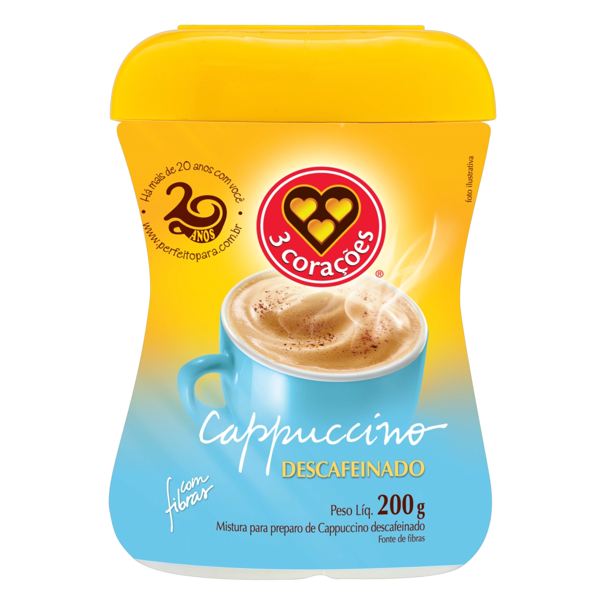 Cappuccino Solúvel Descafeinado 3 Corações Pote 200g