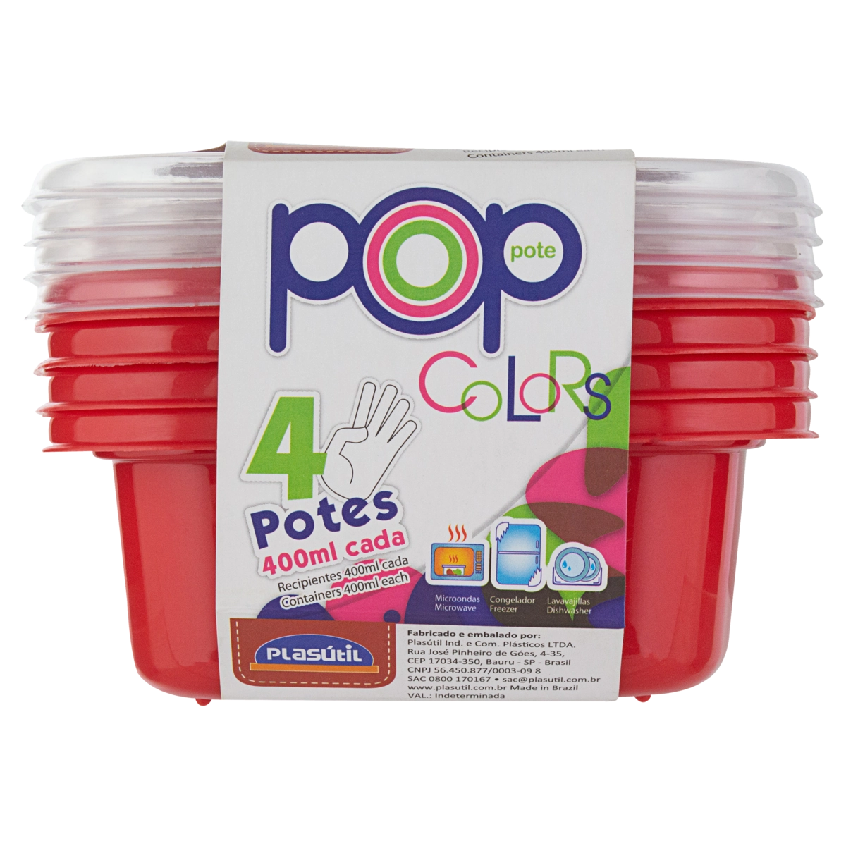 Conjunto Pote Plástico Azul Intenso Quadrado 400ml Plasútil Pop Colors 4 Unidades