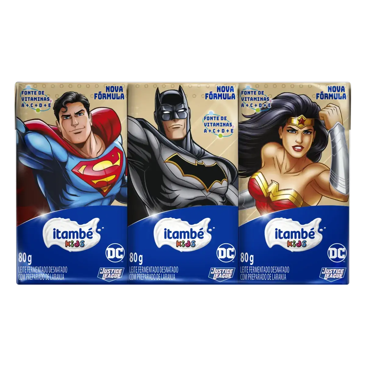 Pack Leite Fermentado Desnatado Laranja Justice League Itambé Kids Caixa 6 Unidades 80g Cada