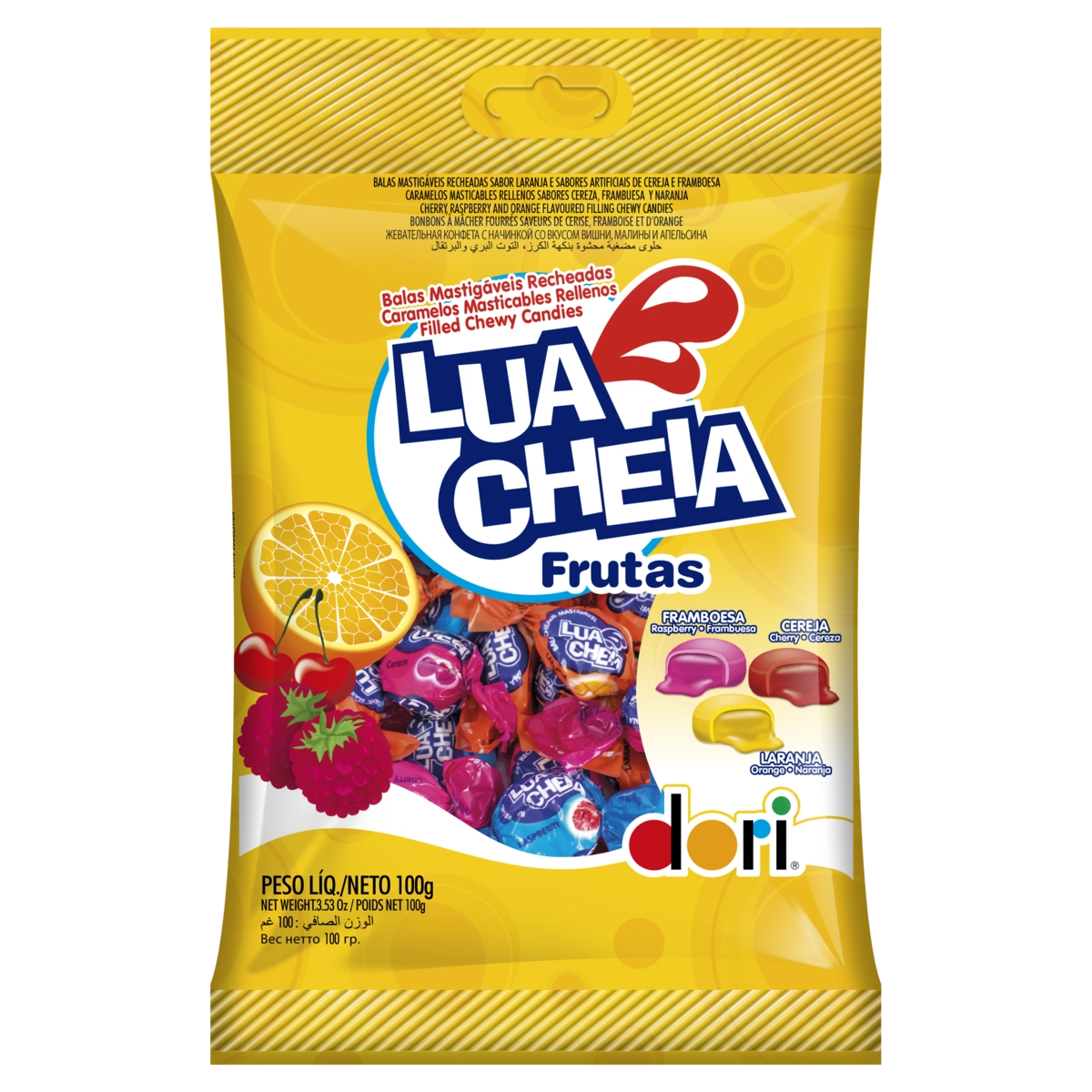 Bala Recheio Laranja, Cereja Ou Framboesa Dori Lua Cheia Frutas Pacote 100g
