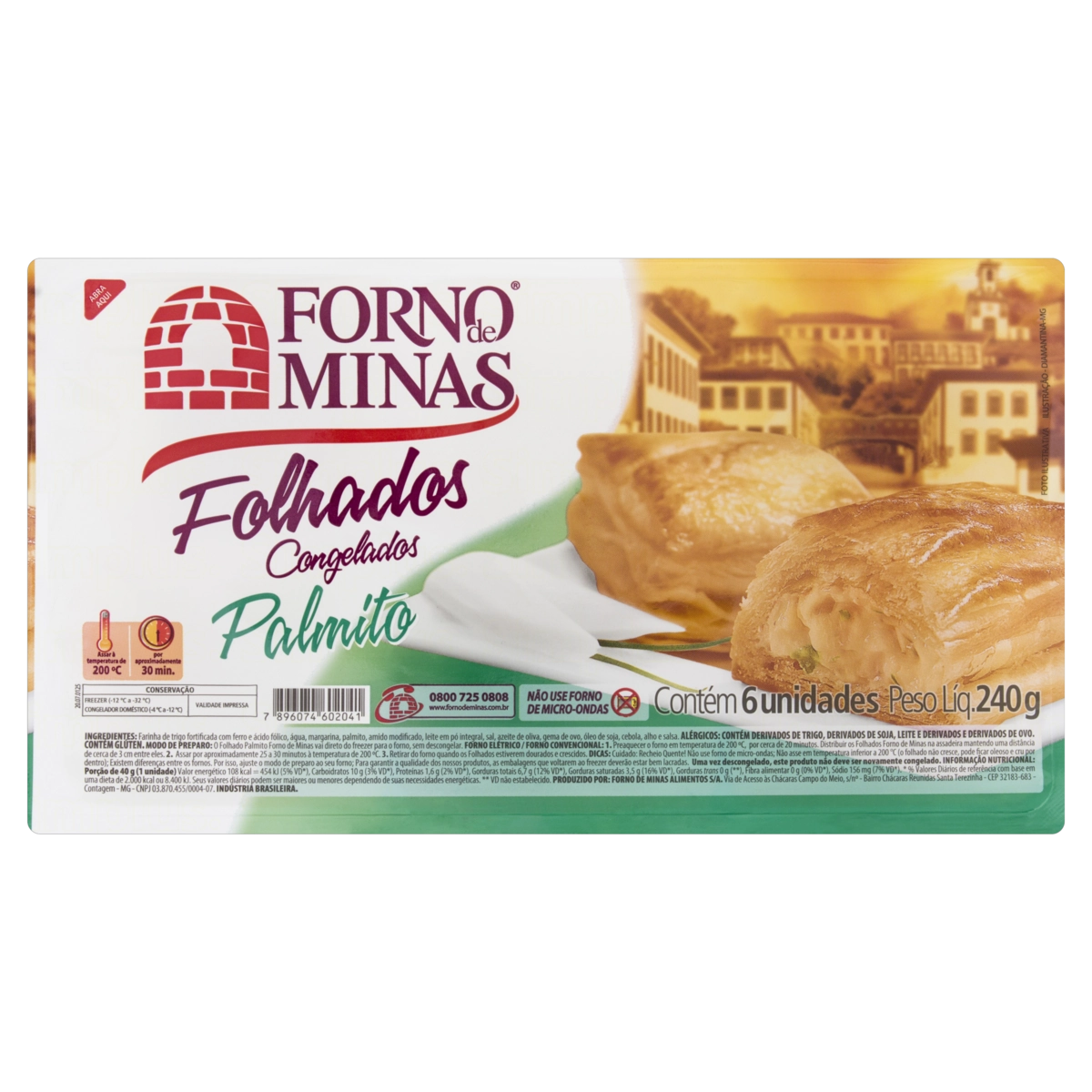 Folhado Congelado Palmito Forno De Minas Bandeja 240g 6 Unidades