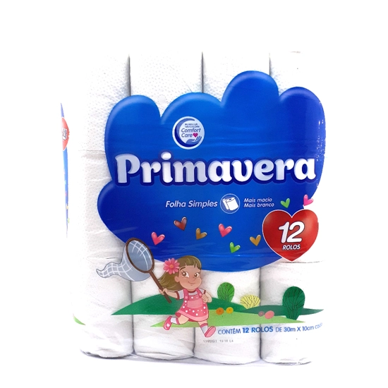 Papel Higiênico Folha Simples Primavera Plus 30m Pacote 12 Unidades