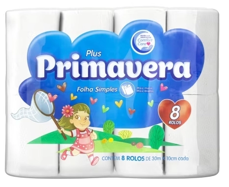 Papel Higiênico Folha Simples Primavera Plus 30m Pacote 8 Unidades