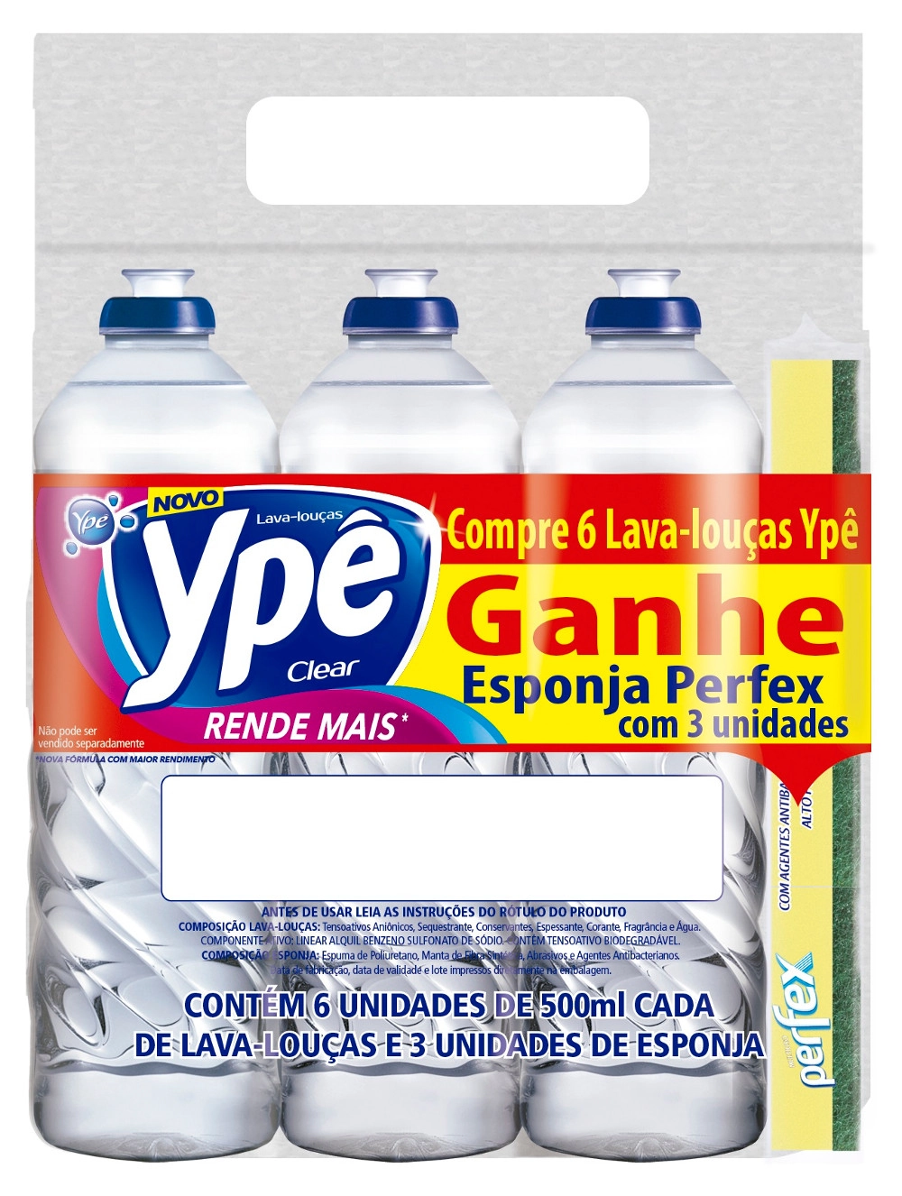 Pack Lava Louças Líquido Ypê Squeeze 6 Unidades 500ml Cada Grátis 3 Esponjas Ypê