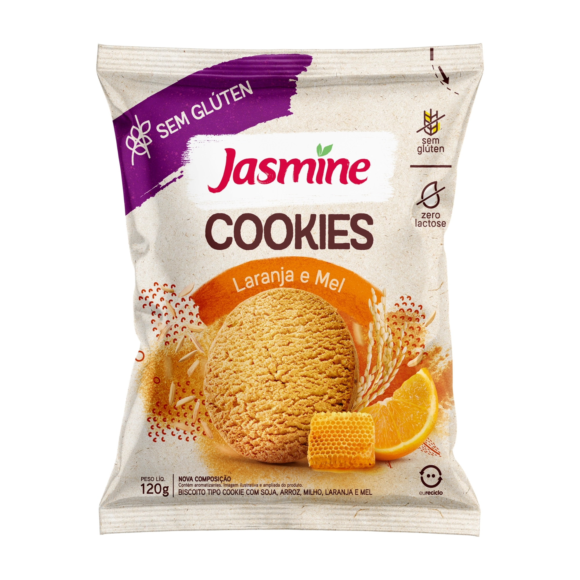 Biscoito Cookie Laranja E Mel Sem Glúten Zero Lactose Jasmine Pacote 120g