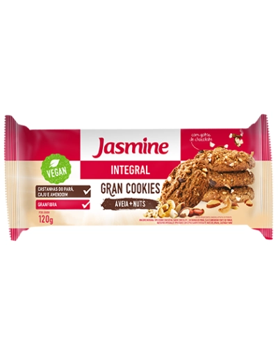 Biscoito Cookie Vegano Integral Aveia E Nuts Com Gotas De Chocolate Jasmine Pacote 120g