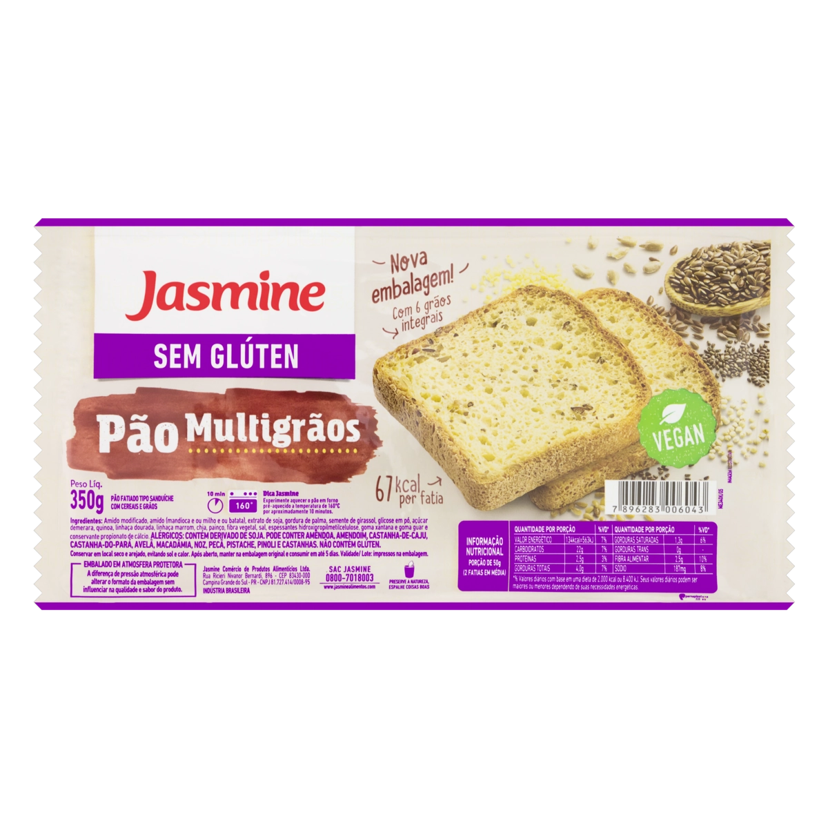 Pão De Forma Multigrãos Sem Glúten Vegano Jasmine Bandeja 350g