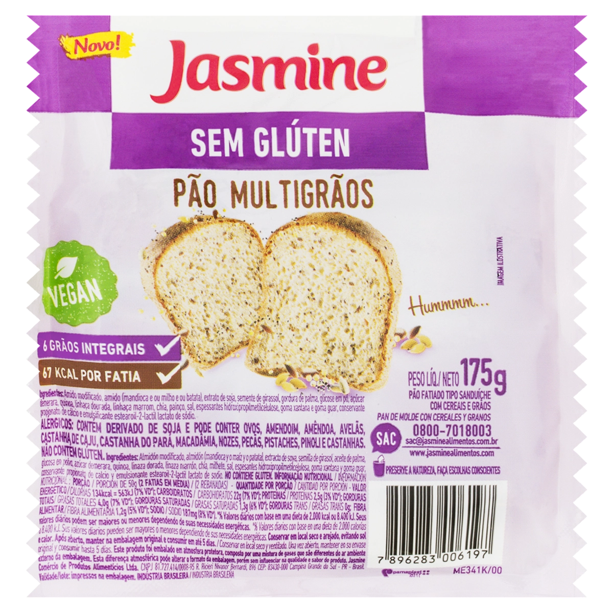 Pão De Sanduíche Multigrãos Sem Glúten Jasmine Pacote 175g