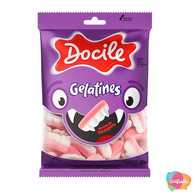 Bala De Gelatina Framboesa Dentes De Vampiro Docile Gelatines Pacote 80g
