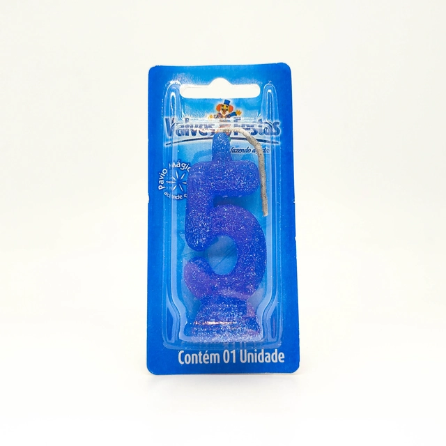 Vela De Aniversário N° 5 Glitter Azul Valves Festas Contém 1 Unidade