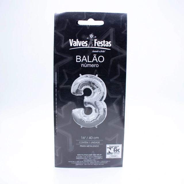 Balão Número 3 Valves Festas Prata Metalizado 16/40cm Contém 1 Unidade