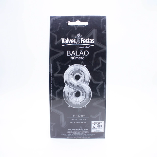 Balão Número 8 Valves Festas Prata Metalizado 16/40cm Contém 1 Unidade